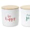 Happy Sentiment Stoneware Canisters with Wood Lids Set